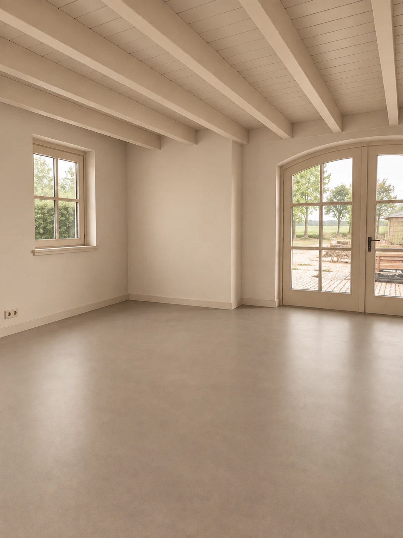 Lichte woonkamer met balkenplafond en gietvloer